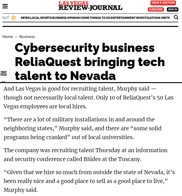 Las Vegas Review Journal: Cybersecurity business ReliaQuest bringing tech talent to Nevada