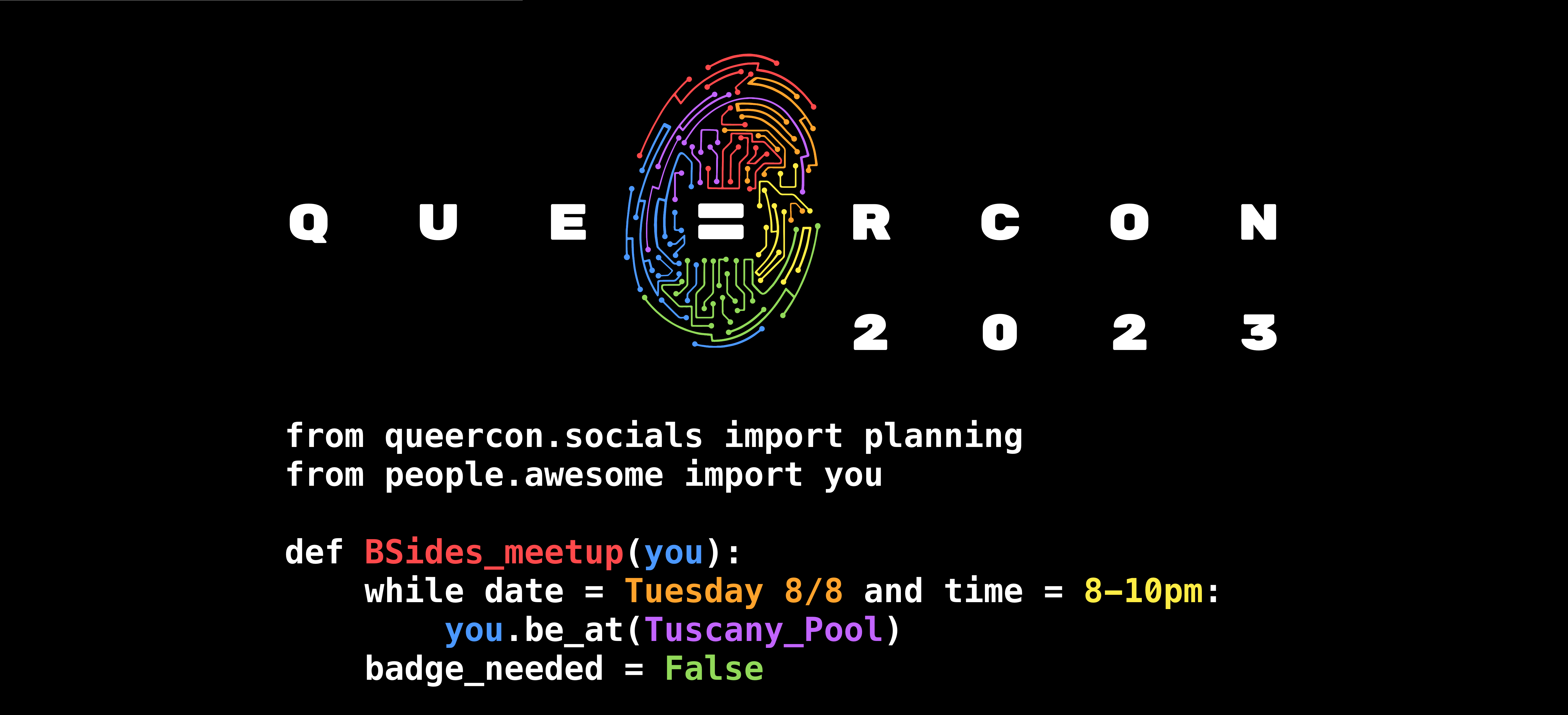 An advertisement for the QueerCon Tuesday night poolside mixer st BSidesLV from 8pm-10pm on Tuesday, August 8th